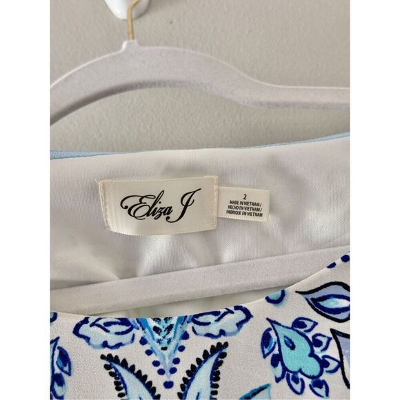 Eliza J Paisley Dress Size 2 Navy White Porcelain Shift Boat Neck 2/4 Sleeve - Picture 7 of 7